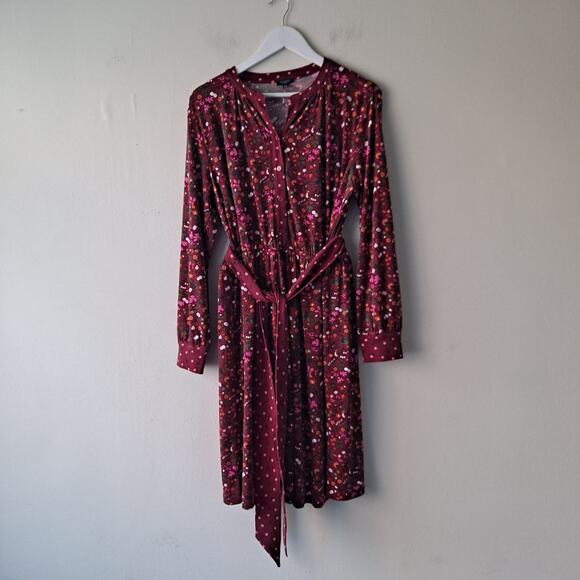 Talbots Petite Fruits Flowers Tie Waist Fit Flare Dress Burgundy Womens Size 1XP - Picture 4 of 10